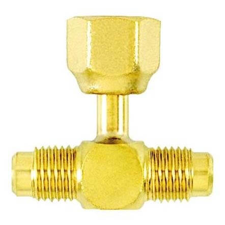 Main product image of 1/4" M. Flare Access x 1/4" F. Flare Tee, w/ Depressor Tip on Branch, w/ Valve Core, All Brass (Pack of 2)