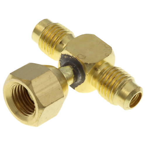 Main product image of 1/4" M. Flare Access x 1/4" F. Flare Tee, w/ Depressor Tip on Branch, w/ Valve Core, All Brass (Pack of 2)