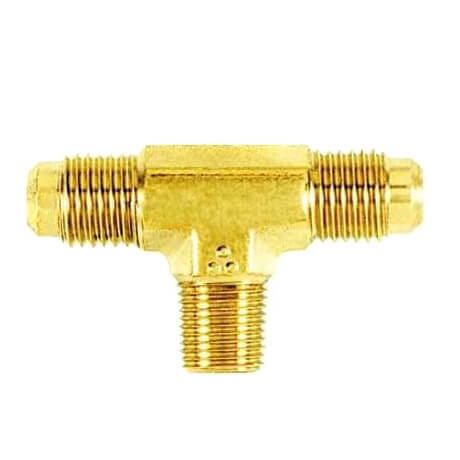 Main product image of 1/4" M. Flare x 1/8" MPT (on run) x 1/4" M. Flare, Access on Branch, w/ 1/4" Brass Cap & Valve Core (2 Pack)