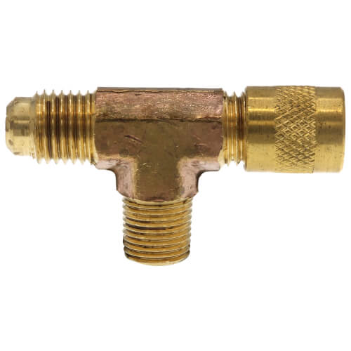 Main product image of 1/4" x 1/4" M. Flare x 1/8" MPT on branch w/ 1/4" Brass Cap and Valve Core (2 Pack)