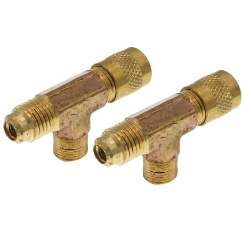 Main product image of 1/4" x 1/4" M. Flare x 1/8" MPT on branch w/ 1/4" Brass Cap and Valve Core (2 Pack)