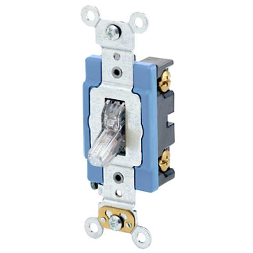 Main product image of 15A, 120V Toggle Lighted Handle, Illuminated Off Single-pole AC Quiet Switch, Self Grounding, Back & Side Wired, (Clear)