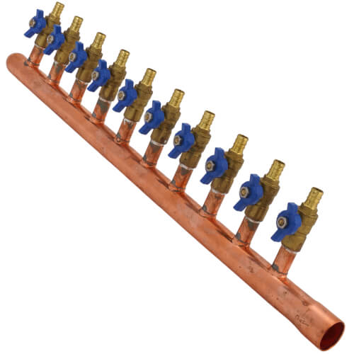 Main product image of 1" Female Sweat x Spin Closed (Left) Copper Manifold, 1/2" PEX Crimp Ball Valves, Lead Free (10 Outlets)