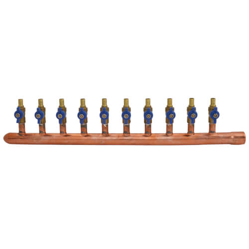 Main product image of 1" Female Sweat x Spin Closed (Left) Copper Manifold, 1/2" PEX Crimp Ball Valves, Lead Free (10 Outlets)
