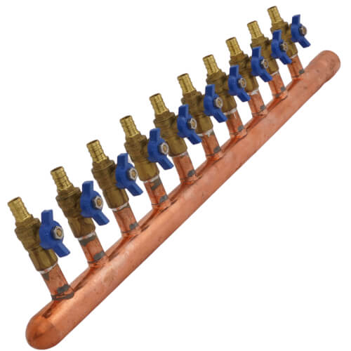 Main product image of 1" Female Sweat x Spin Closed (Left) Copper Manifold, 1/2" PEX Crimp Ball Valves, Lead Free (10 Outlets)
