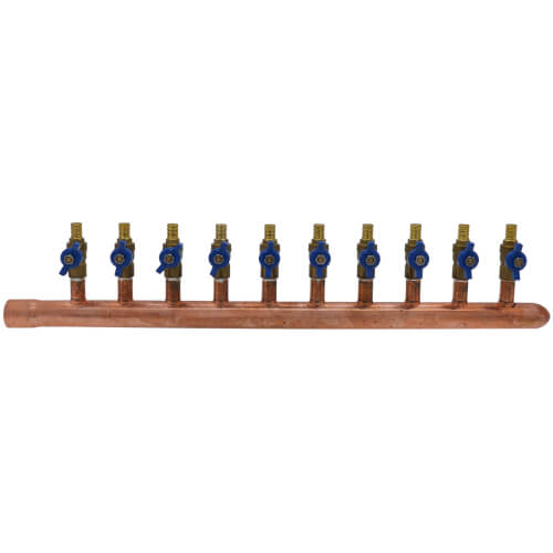 Main product image of 1" Female Sweat x Spin Closed (Right) Copper Manifold, 1/2" PEX Crimp Ball Valves, Lead Free (10 Outlets)