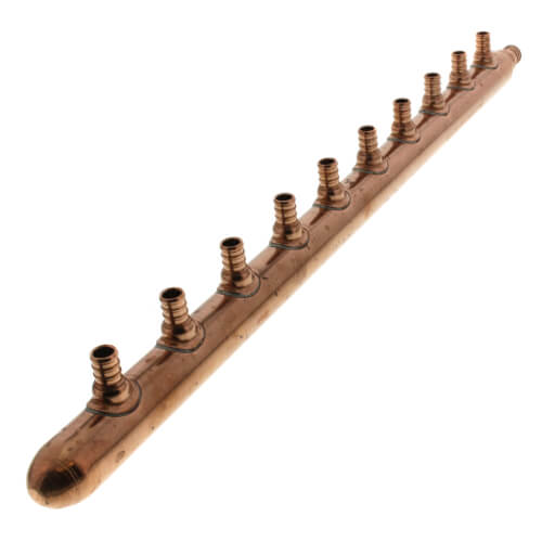 Main product image of 3/4" PEX Crimp x Spin Closed Copper Manifold, w/ 1/2" PEX Crimp Outlets (10 Outlets)