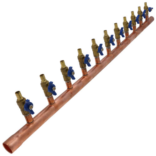 Main product image of 1" Male Sweat x Female Sweat Copper Manifold w/ 1/2" PEX Crimp Ball Valves, Lead Free (11 Outlets)