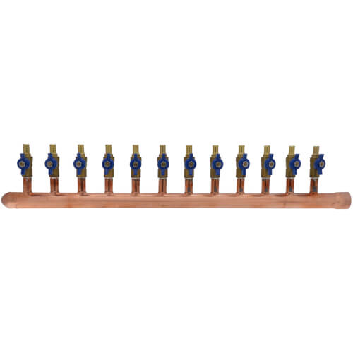 Main product image of 1" Female Sweat x Spin Closed (Left) Copper Manifold, 1/2" PEX Crimp Ball Valves, Lead Free (12 Outlets)