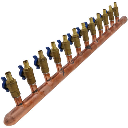 Main product image of 1" Female Sweat x Spin Closed (Right) Copper Manifold, 1/2" PEX Crimp Ball Valves, Lead Free (12 Outlets)