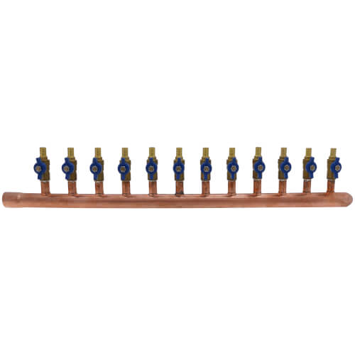 Main product image of 1" Female Sweat x Spin Closed (Right) Copper Manifold, 1/2" PEX Crimp Ball Valves, Lead Free (12 Outlets)