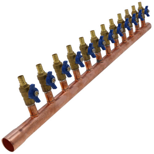 Main product image of 1" Female Sweat x Spin Closed (Right) Copper Manifold, 1/2" PEX Crimp Ball Valves, Lead Free (12 Outlets)
