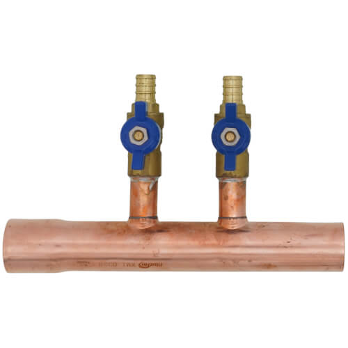 Main product image of 1" Male Sweat x Female Sweat Copper Manifold w/ 1/2" PEX Crimp Ball Valves, Lead Free (2 Outlets)