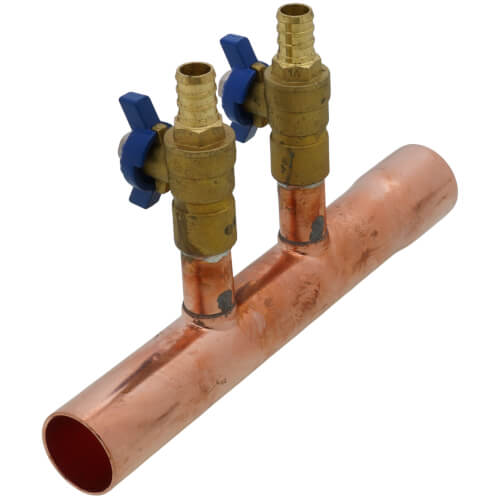 Main product image of 1" Male Sweat x Female Sweat Copper Manifold w/ 1/2" PEX Crimp Ball Valves, Lead Free (2 Outlets)