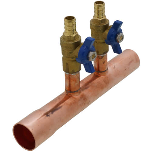 Main product image of 1" Male Sweat x Female Sweat Copper Manifold w/ 1/2" PEX Crimp Ball Valves, Lead Free (2 Outlets)