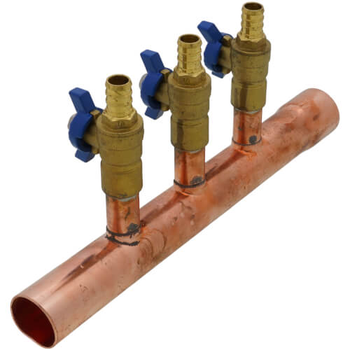 Main product image of 1" Male Sweat x Female Sweat Copper Manifold w/ 1/2" PEX Crimp Ball Valves, Lead Free (3 Outlets)