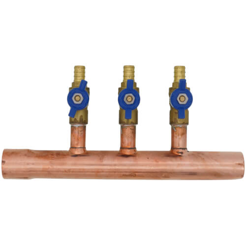 Main product image of 1" Male Sweat x Female Sweat Copper Manifold w/ 1/2" PEX Crimp Ball Valves, Lead Free (3 Outlets)