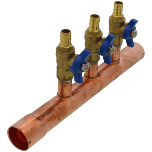 Main product image of 1" Male Sweat x Female Sweat Copper Manifold w/ 1/2" PEX Crimp Ball Valves, Lead Free (3 Outlets)
