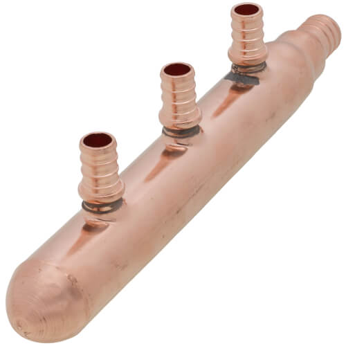 Main product image of 3/4" PEX Crimp x Spin Closed Copper Manifold, w/ 1/2" PEX Crimp Outlets (3 Outlets)