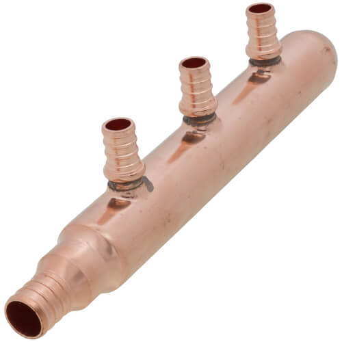 Main product image of 3/4" PEX Crimp x Spin Closed Copper Manifold, w/ 1/2" PEX Crimp Outlets (3 Outlets)