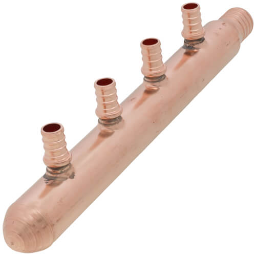 Main product image of 1" PEX Crimp × Spin Closed Copper Manifold, w/ 1/2" PEX Crimp Outlets (4 Outlets)