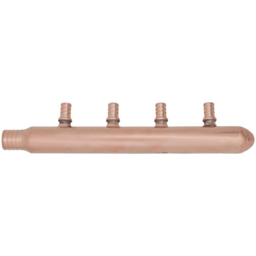 Main product image of 1" PEX Crimp × Spin Closed Copper Manifold, w/ 1/2" PEX Crimp Outlets (4 Outlets)