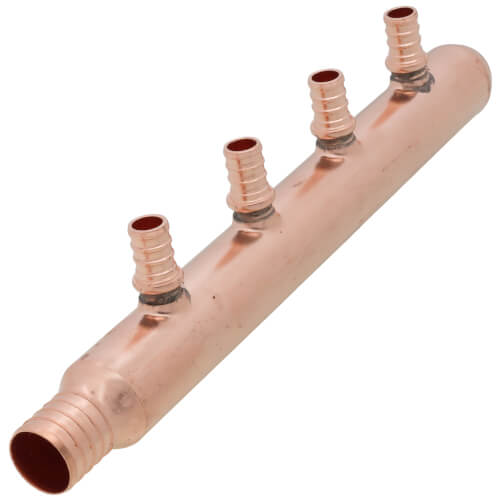 Main product image of 1" PEX Crimp × Spin Closed Copper Manifold, w/ 1/2" PEX Crimp Outlets (4 Outlets)