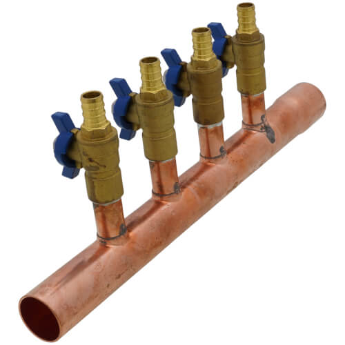 Main product image of 1" Male Sweat x Female Sweat Copper Manifold w/ 1/2" PEX Crimp Ball Valves, Lead Free (4 Outlets)