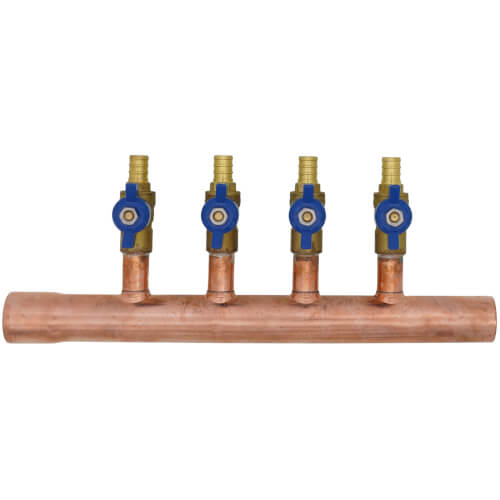 Main product image of 1" Male Sweat x Female Sweat Copper Manifold w/ 1/2" PEX Crimp Ball Valves, Lead Free (4 Outlets)