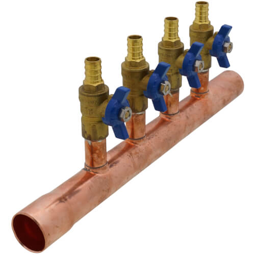 Main product image of 1" Male Sweat x Female Sweat Copper Manifold w/ 1/2" PEX Crimp Ball Valves, Lead Free (4 Outlets)