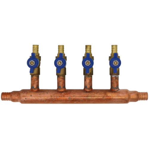 Main product image of 3/4" PEX Crimp Copper Manifold w/ 1/2" PEX Crimp Ball Valves, Lead Free (4 Outlets)