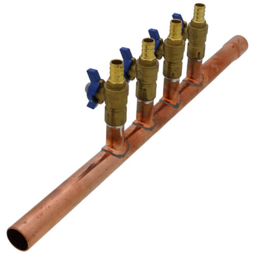 Main product image of 3/4" M. Sweat x F. Sweat Copper Manifold w/ Extended Trunk, 1/2" PEX Crimp Ball Valves, Lead Free (4 Outlets)