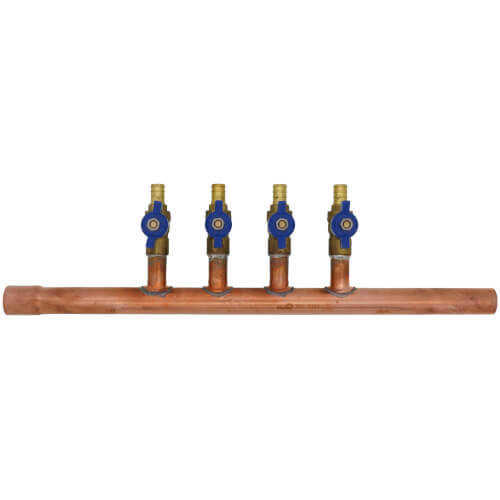 Main product image of 3/4" M. Sweat x F. Sweat Copper Manifold w/ Extended Trunk, 1/2" PEX Crimp Ball Valves, Lead Free (4 Outlets)