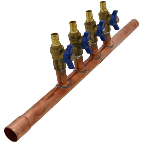 Main product image of 3/4" M. Sweat x F. Sweat Copper Manifold w/ Extended Trunk, 1/2" PEX Crimp Ball Valves, Lead Free (4 Outlets)