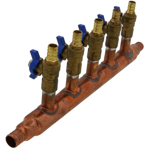 Main product image of 3/4" PEX Crimp Copper Manifold w/ 1/2" PEX Crimp Ball Valves, Lead Free (5 Outlets)