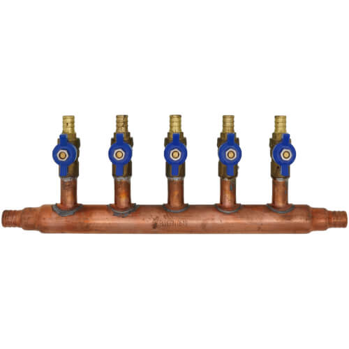 Main product image of 3/4" PEX Crimp Copper Manifold w/ 1/2" PEX Crimp Ball Valves, Lead Free (5 Outlets)