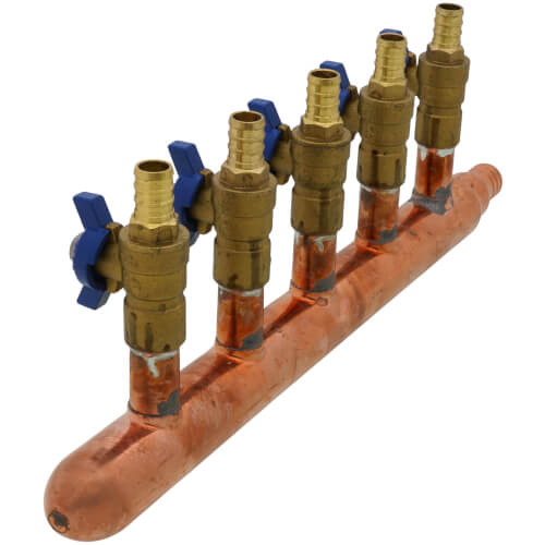 Main product image of 3/4" PEX Crimp x Closed Copper Manifold, w/ 1/2" PEX Crimp Ball Valves, Lead Free (5 Outlets)