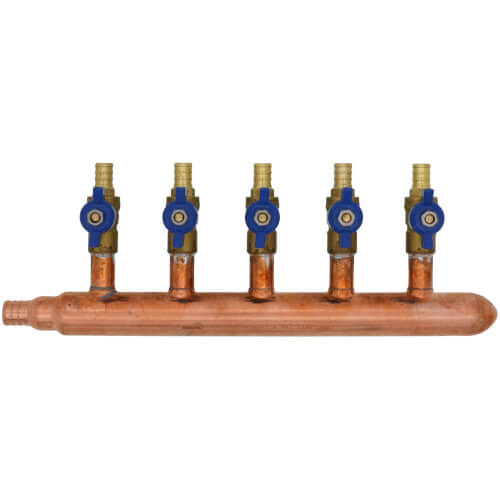 Main product image of 3/4" PEX Crimp x Closed Copper Manifold, w/ 1/2" PEX Crimp Ball Valves, Lead Free (5 Outlets)