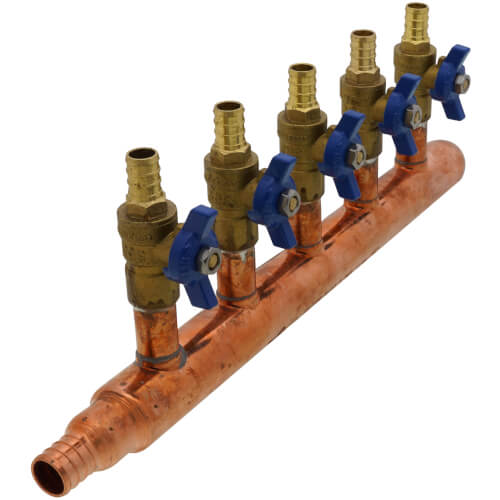 Main product image of 3/4" PEX Crimp x Closed Copper Manifold, w/ 1/2" PEX Crimp Ball Valves, Lead Free (5 Outlets)