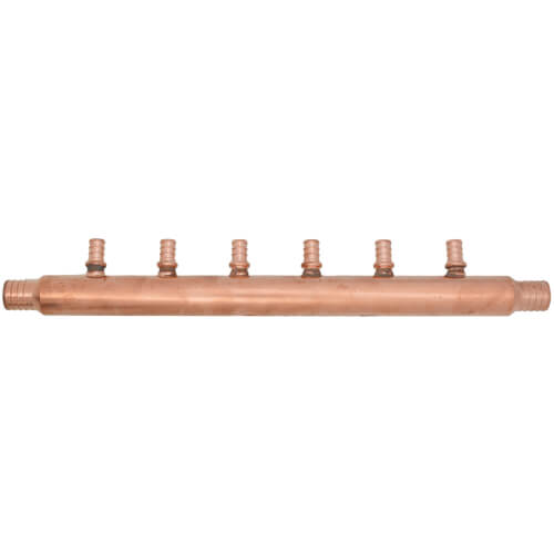 1" PEX Crimp × PEX Crimp Copper Manifold, w/ 1/2" PEX Crimp Outlets (6 Outlets)