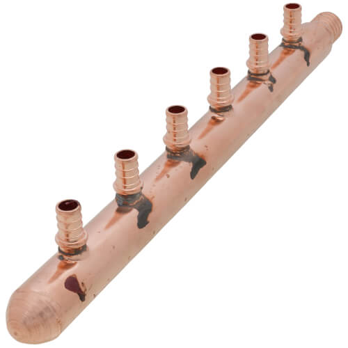 Main product image of 1" PEX Crimp x Spin Closed Copper Manifold, w/ 1/2" PEX Crimp Outlets (6 Outlets)
