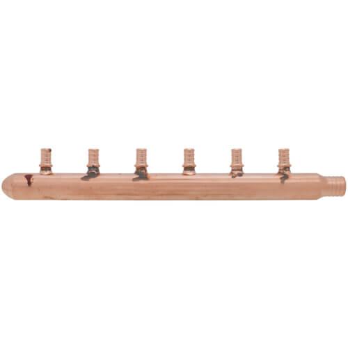 Main product image of 1" PEX Crimp x Spin Closed Copper Manifold, w/ 1/2" PEX Crimp Outlets (6 Outlets)