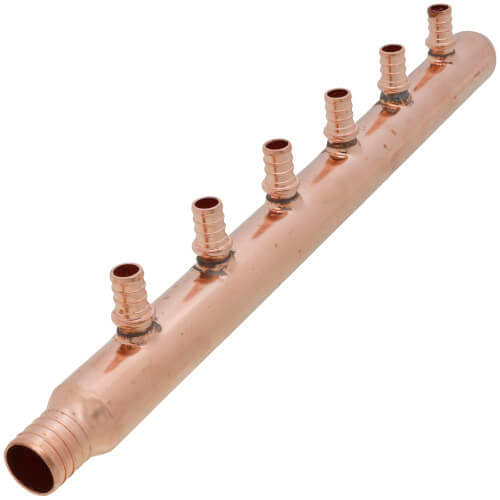 Main product image of 1" PEX Crimp x Spin Closed Copper Manifold, w/ 1/2" PEX Crimp Outlets (6 Outlets)