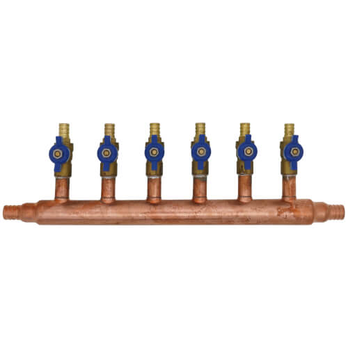 Main product image of 3/4" PEX Crimp Copper Manifold w/ 1/2" PEX Crimp Ball Valves, Lead Free (6 Outlets)