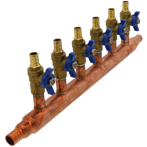Main product image of 3/4" PEX Crimp Copper Manifold w/ 1/2" PEX Crimp Ball Valves, Lead Free (6 Outlets)