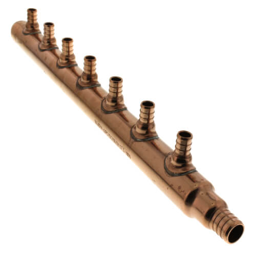Main product image of 3/4" PEX Crimp x Spin Closed Copper Manifold, w/ 1/2" PEX Crimp Outlets (7 Outlets)