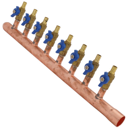 Main product image of 1" Female Sweat x Spin Closed (Left) Copper Manifold, 1/2" PEX Crimp Ball Valves, Lead Free (8 Outlets)