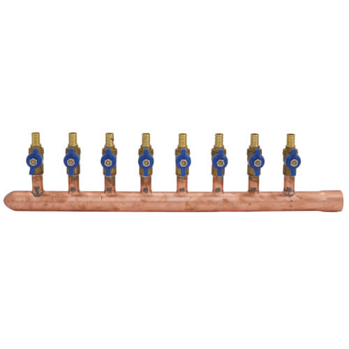Main product image of 1" Female Sweat x Spin Closed (Left) Copper Manifold, 1/2" PEX Crimp Ball Valves, Lead Free (8 Outlets)