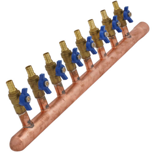 Main product image of 1" Female Sweat x Spin Closed (Left) Copper Manifold, 1/2" PEX Crimp Ball Valves, Lead Free (8 Outlets)