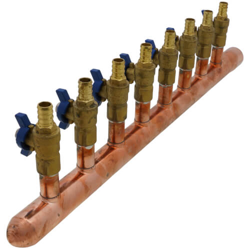 Main product image of 1" Female Sweat x Spin Closed (Right) Copper Manifold, 1/2" PEX Crimp Ball Valves, Lead Free (8 Outlets)